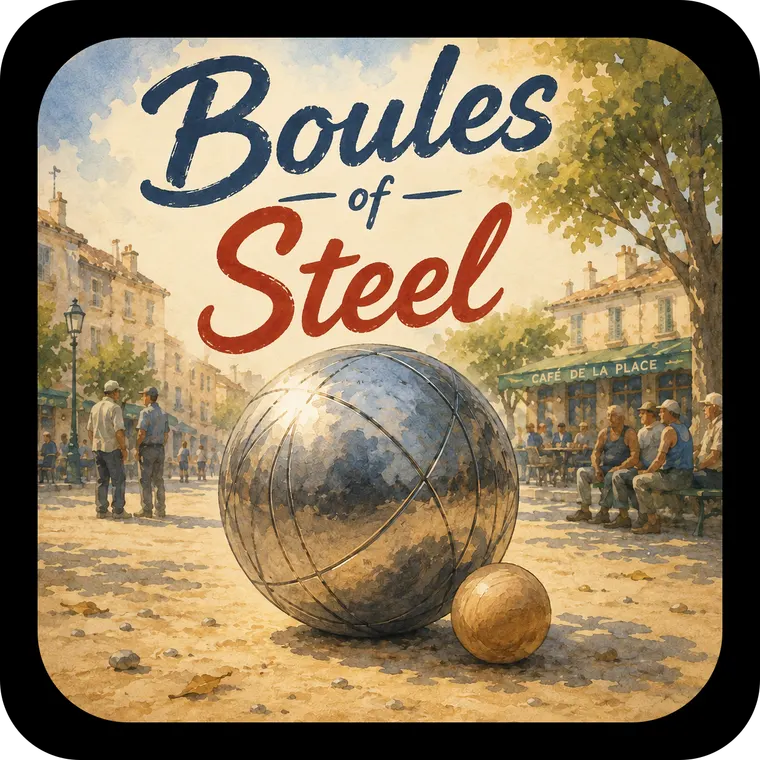 Boules of Steel — cover art: a giant steel pétanque boule on a sunlit French village square