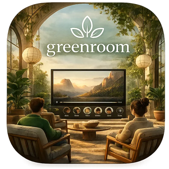 Greenroom — two people relaxing in a plant-filled glass conservatory, watching a mountain scene on a big screen together